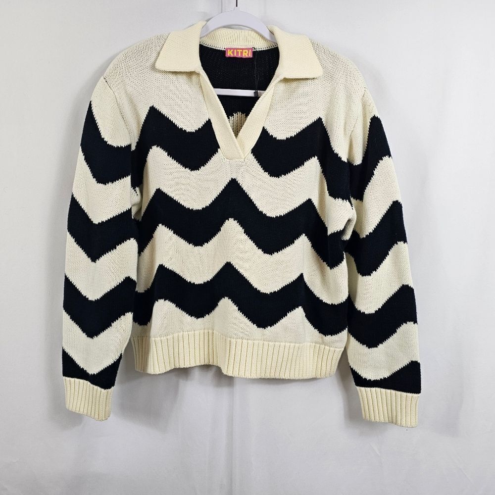 NWOT Kitri Mono Wave Polo Sweater in Black and White - Size S